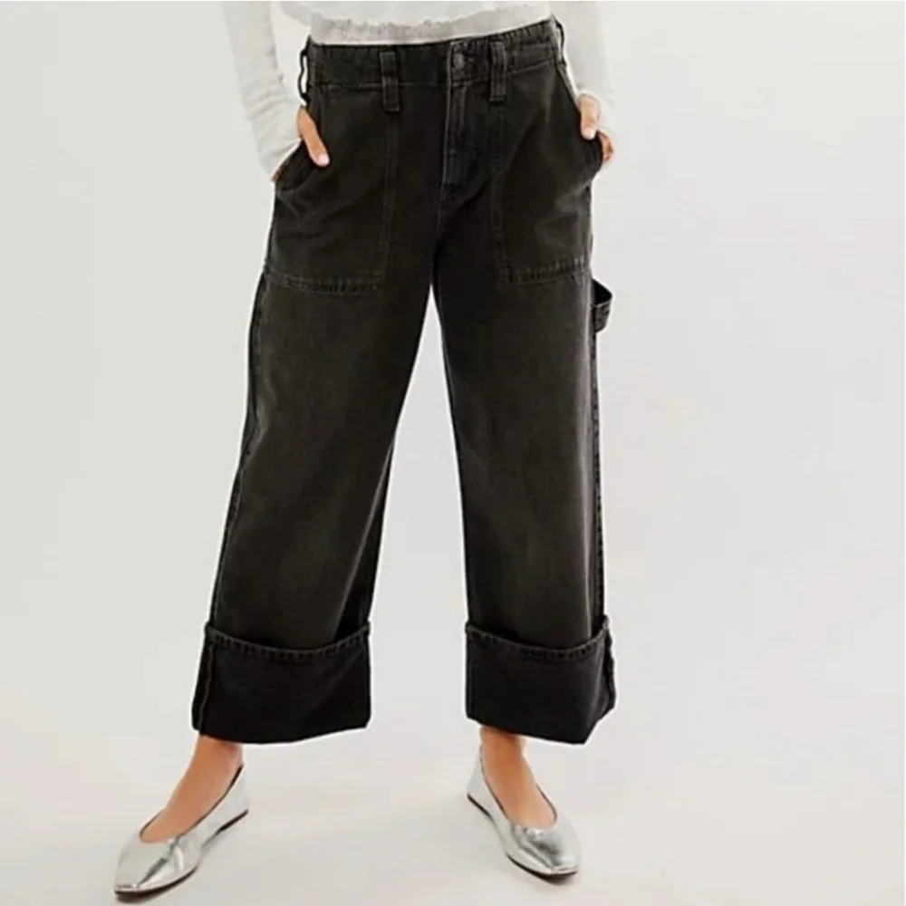 Free People Major Leagues Black Wide Leg Cuff Jeans Size 26 - Picture 2 of 15